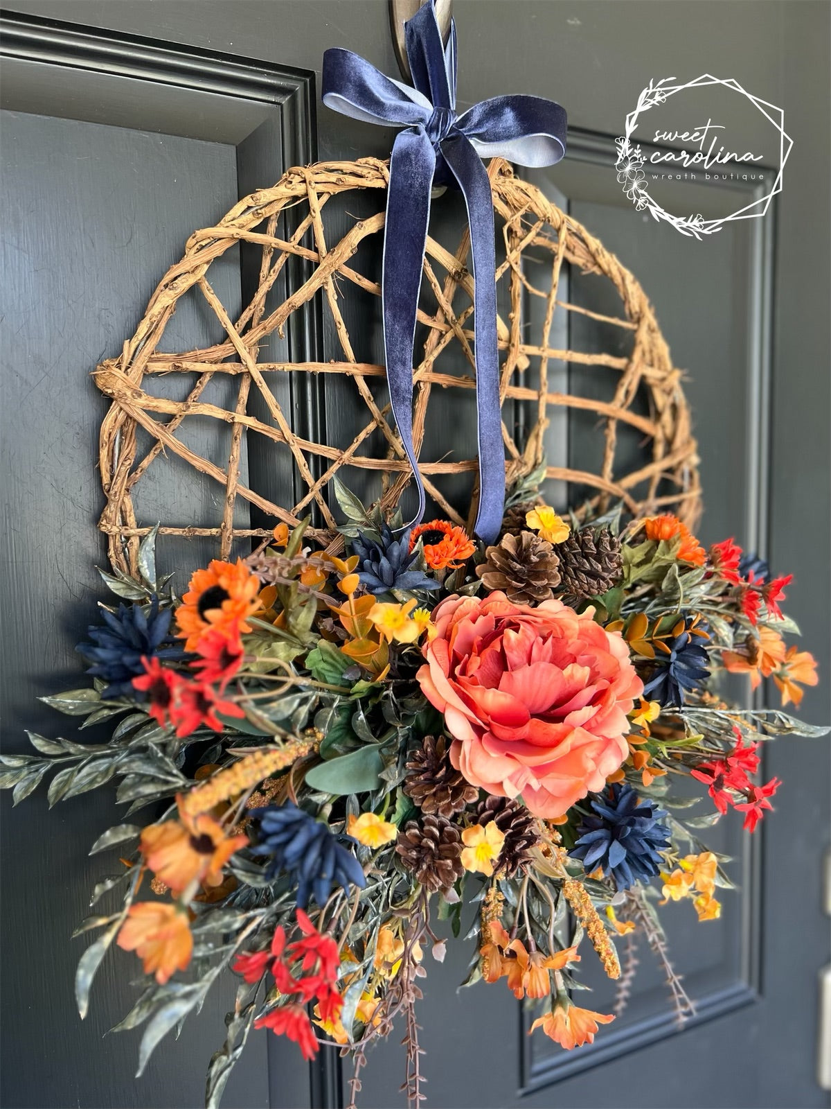 Navy Mums and Orange Peony Wreath with Velvet Bow