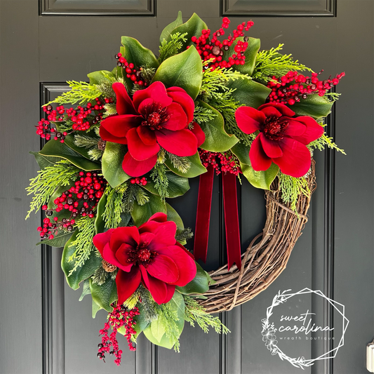 "Santa Baby" red magnolia, magnolia leaf wreath