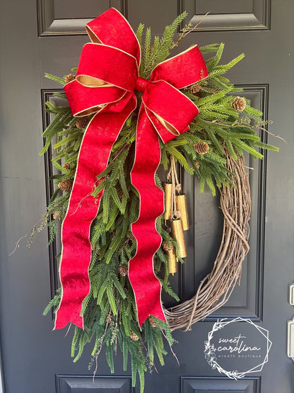 Faux Pine Wreath with Holiday Bow and Gold Bells