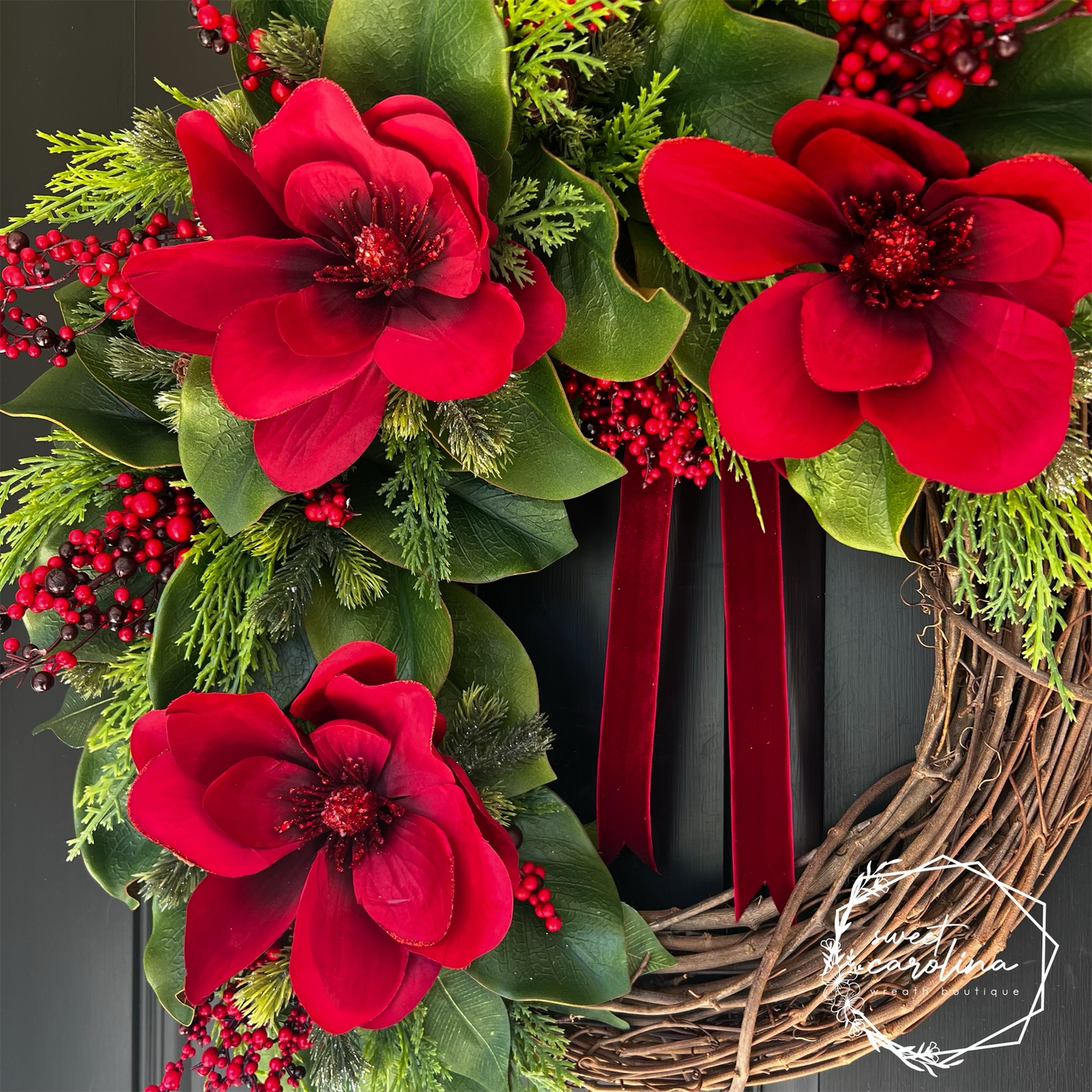 "Santa Baby" red magnolia, magnolia leaf wreath