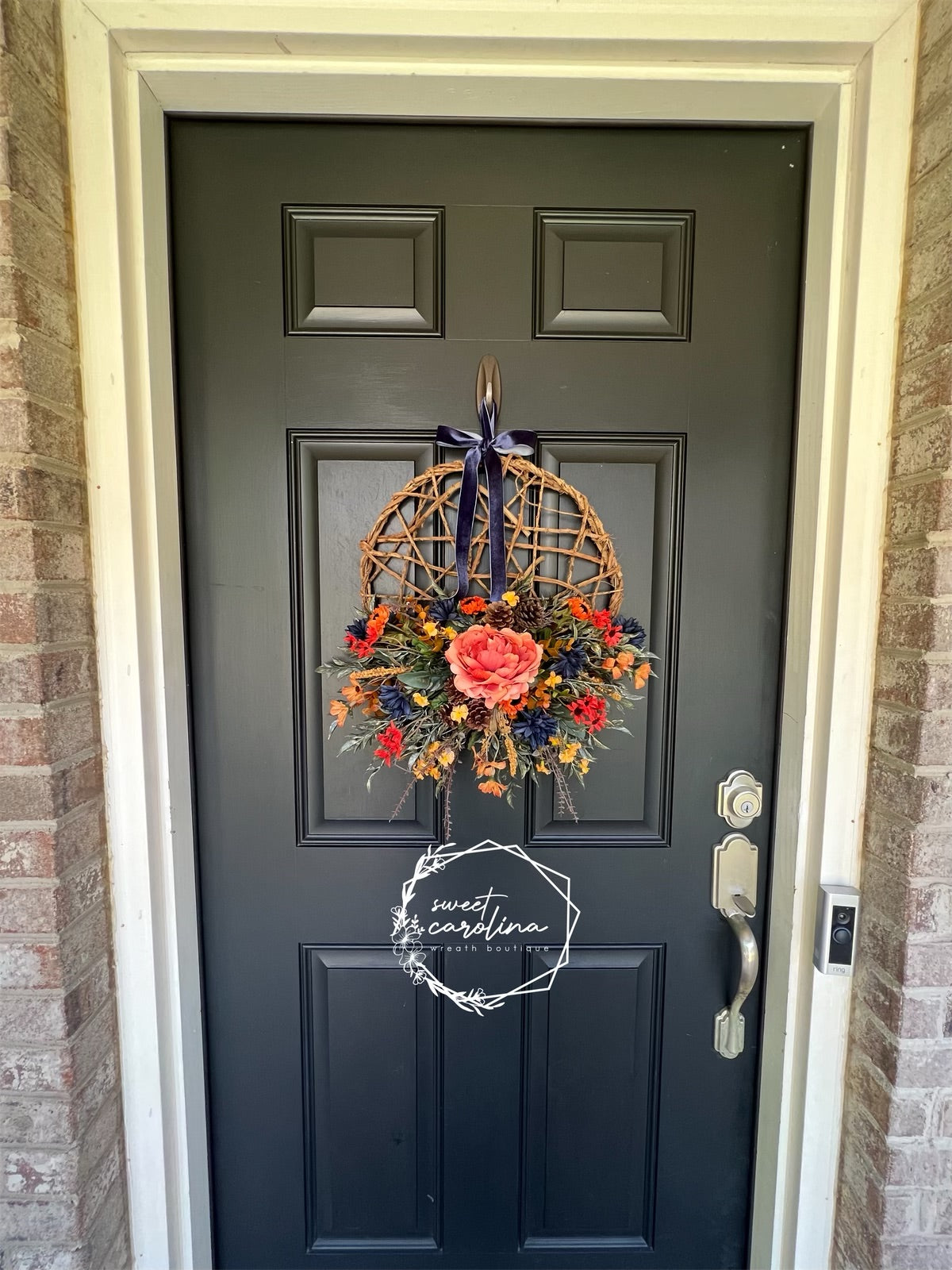 Navy Mums and Orange Peony Wreath with Velvet Bow