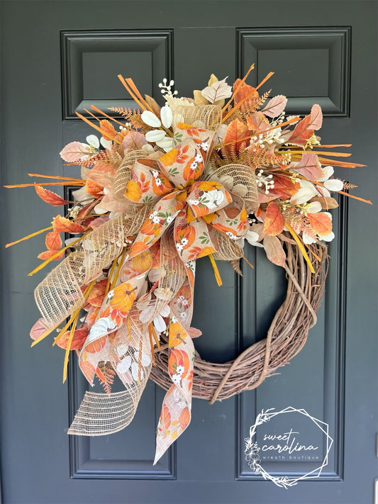 Orange, Cream, and Rust Fall Foliage Wreath with Double Pumpkin Bow