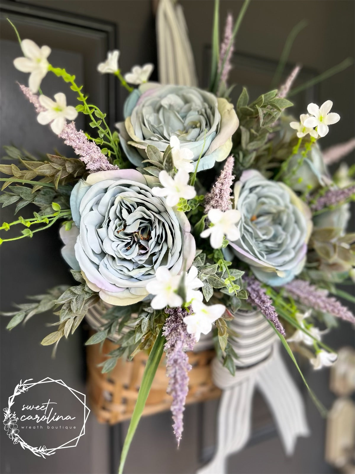 Muted tones of Grey and Lavender with Roses and Ruscus