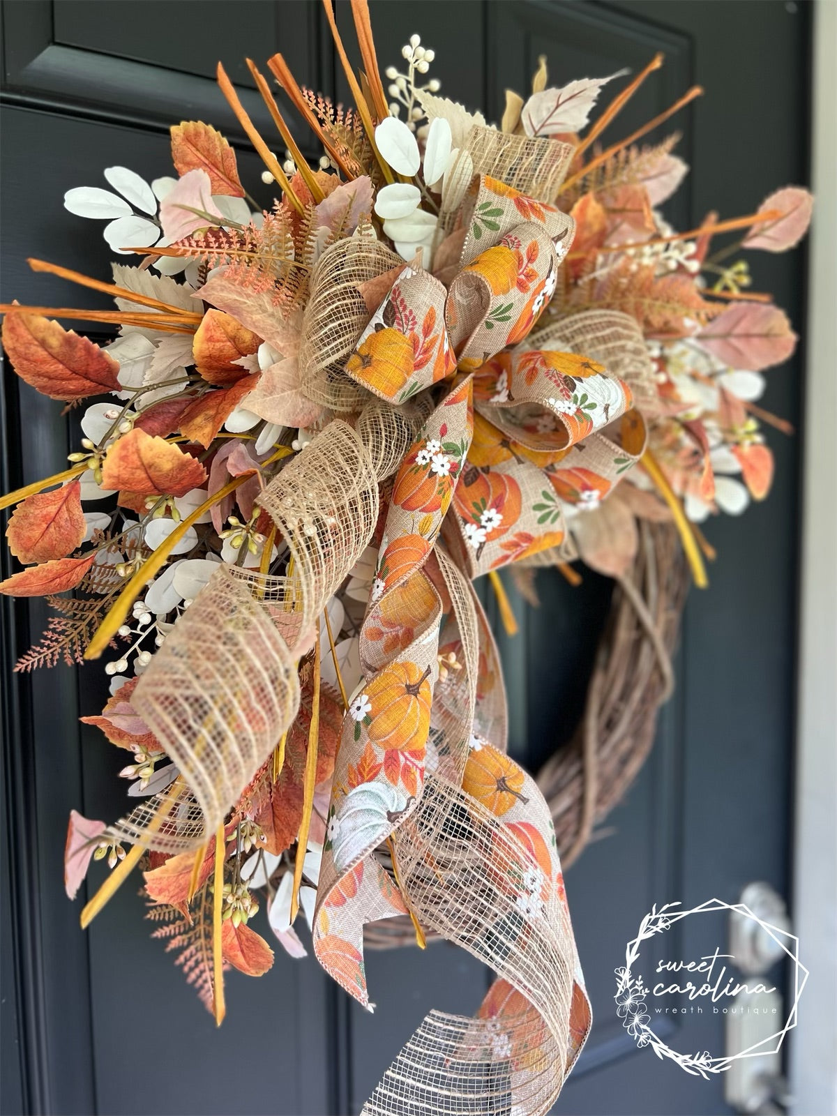 Orange, Cream, and Rust Fall Foliage Wreath with Double Pumpkin Bow