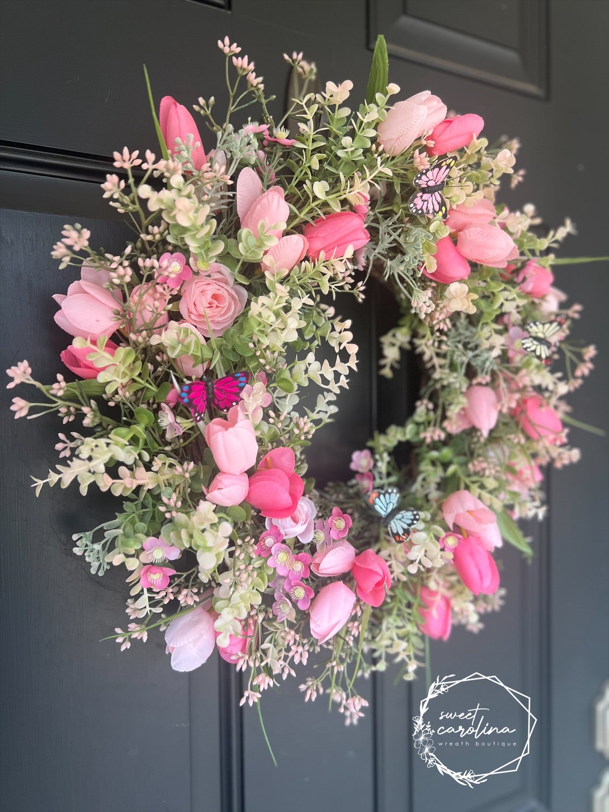 Spring Tulip Wreath with Butterflies – Pink Floral Easter Door Decor