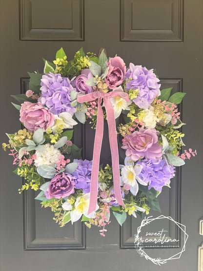 Purple Peony and Hydrangea Garden Wreath