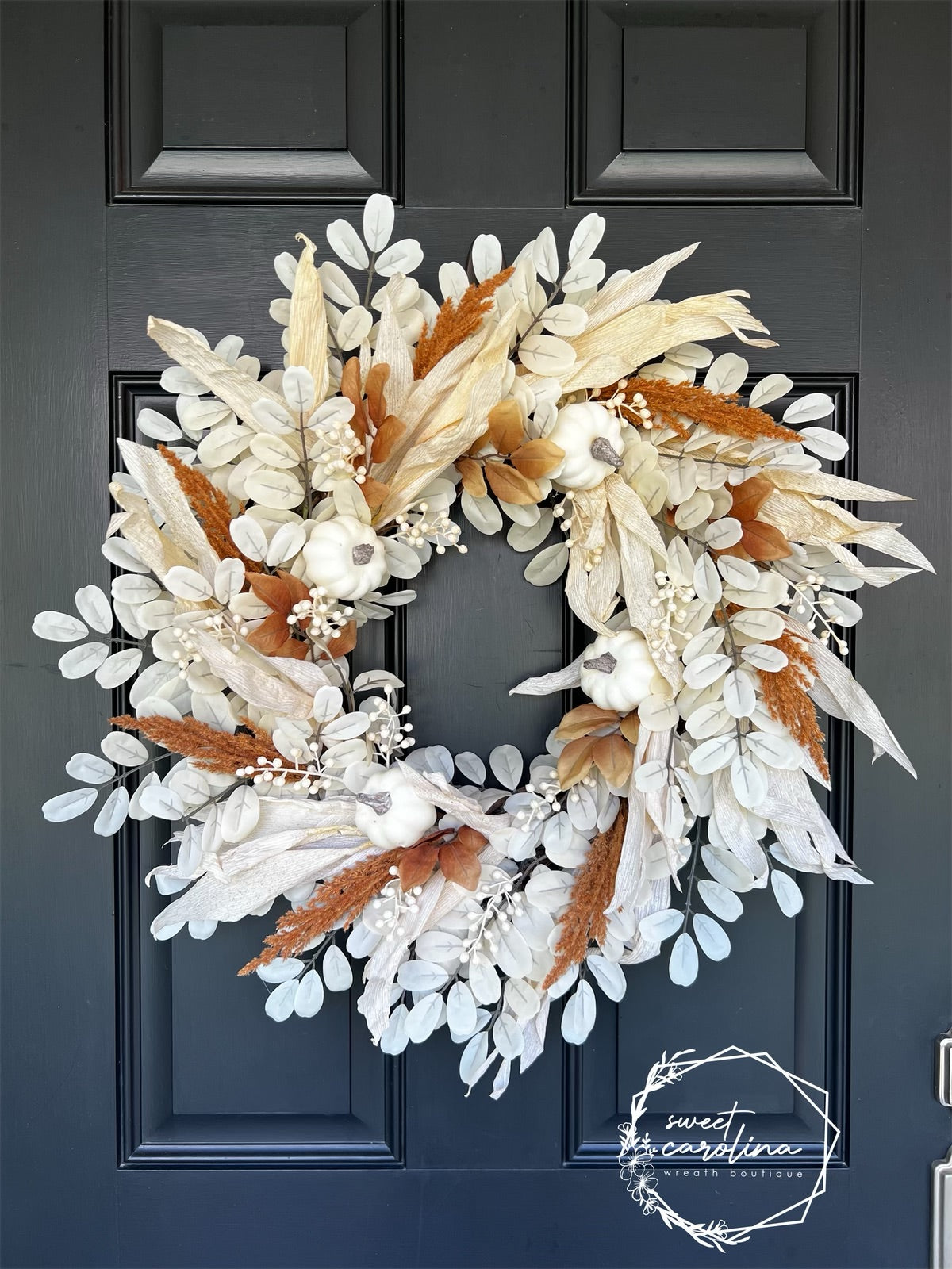 “Pumpkin Roll” Pumpkin, Cream Berry and Leaf Wreath