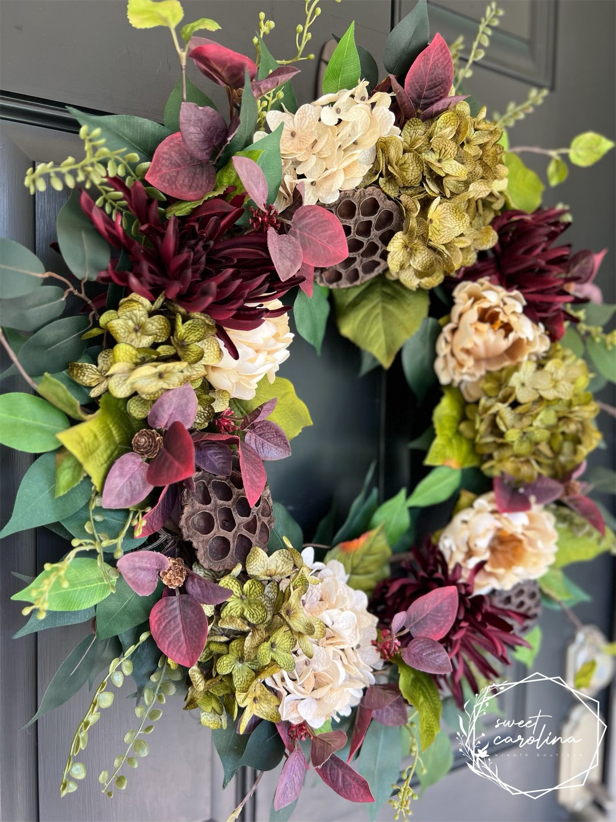 “Wine Country” Mum, Peony, and Hydrangea Wreath