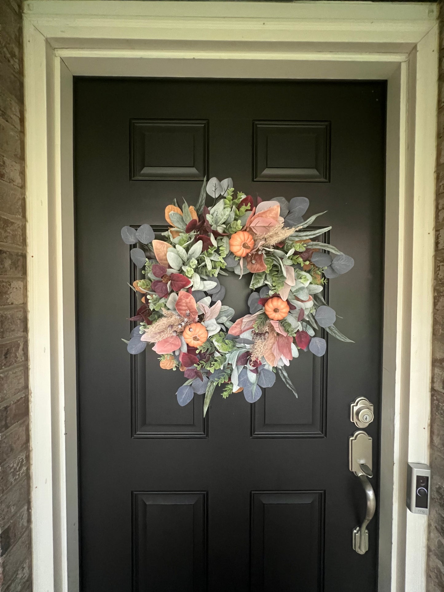 Blue and Plum Fall Wreath • Eucalyptus, Lamb’s Ear, Pampus, Pumpkins Grapevine Wreath