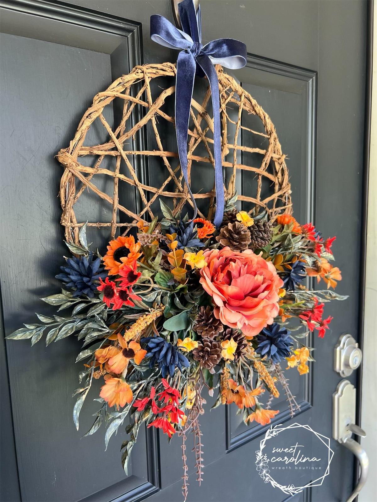 Navy Mums and Orange Peony Wreath with Velvet Bow