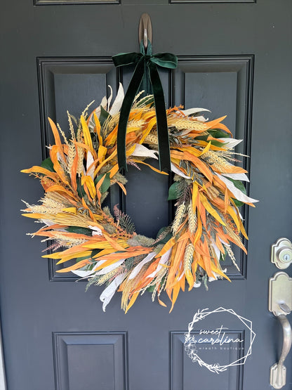 Last Chance for “Friedrich” Wheat, Corn Husk, Green Magnolia Leaves, Ruscus