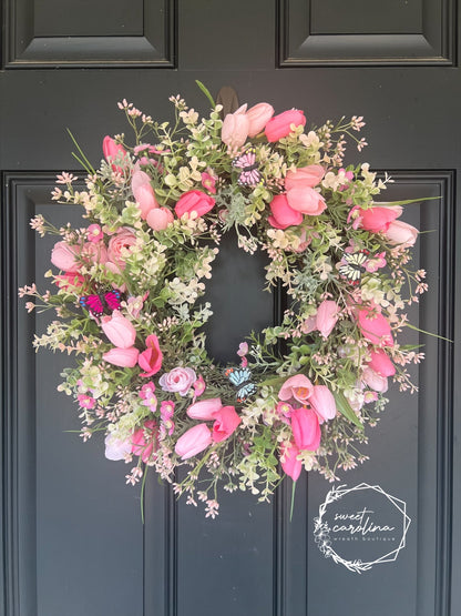 Spring Tulip Wreath with Butterflies – Pink Floral Easter Door Decor