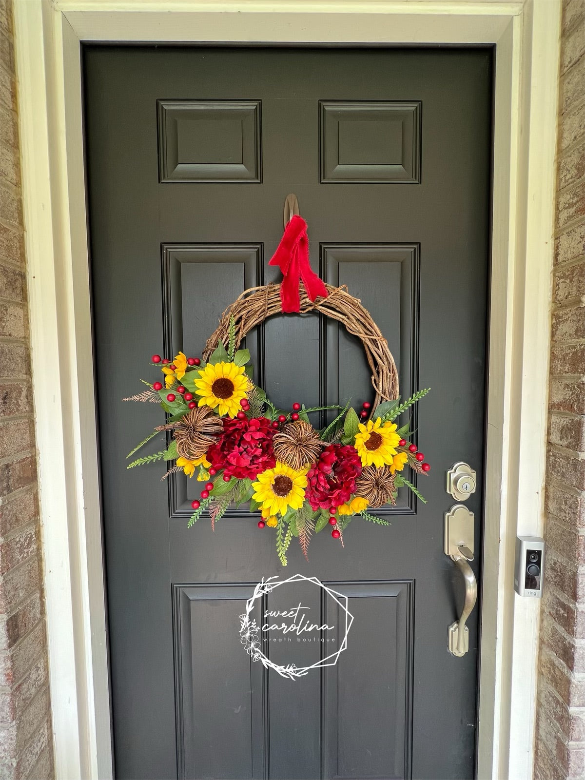 “Kelce” Sunflower, Red Peony, and Pumpkin Wreath