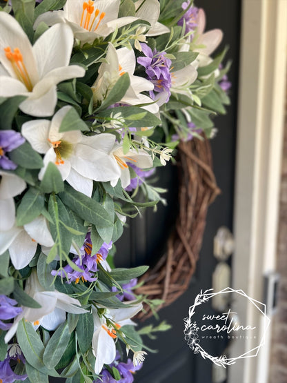 White & Lavender Lily Spring Wreath