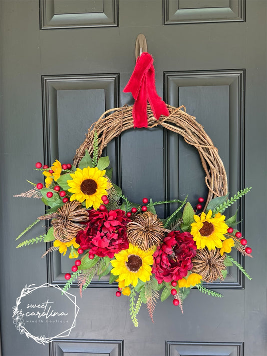 “Kelce” Sunflower, Red Peony, and Pumpkin Wreath