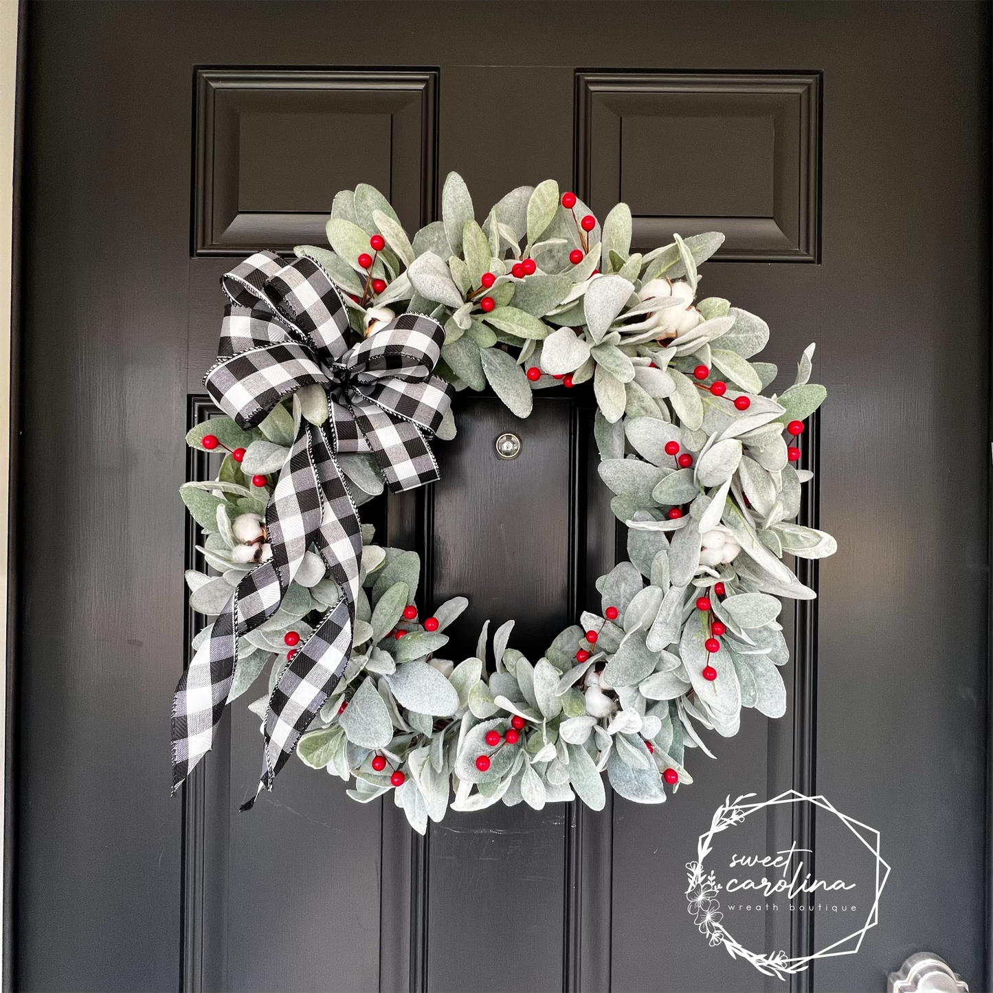 "Christmas Farmhouse" lamb’s ear, buffalo check, and red berries wreath