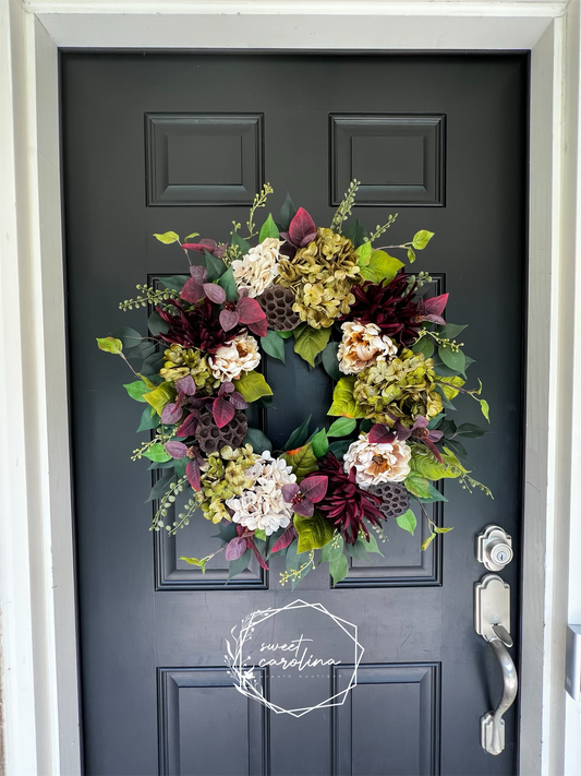 Wine Country- Burgundy, Green, and Cream Whimsical Wreath