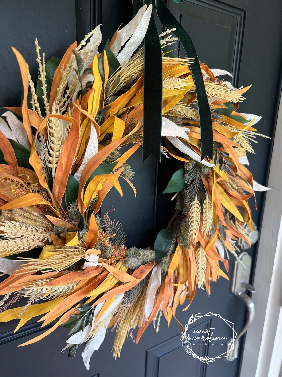 Last Chance for “Friedrich” Wheat, Corn Husk, Green Magnolia Leaves, Ruscus