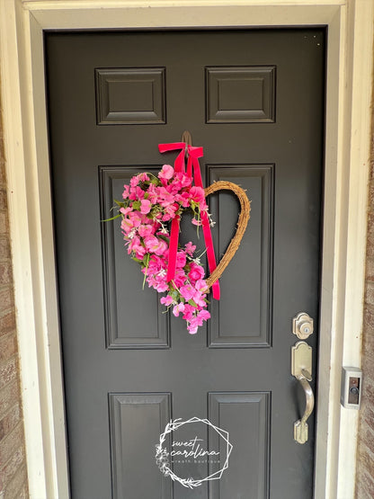 Hot Pink Sweet Pea and Ranunculus Draped Heart Vine Wreath with Velvet Bow