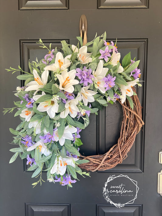 White & Lavender Lily Spring Wreath