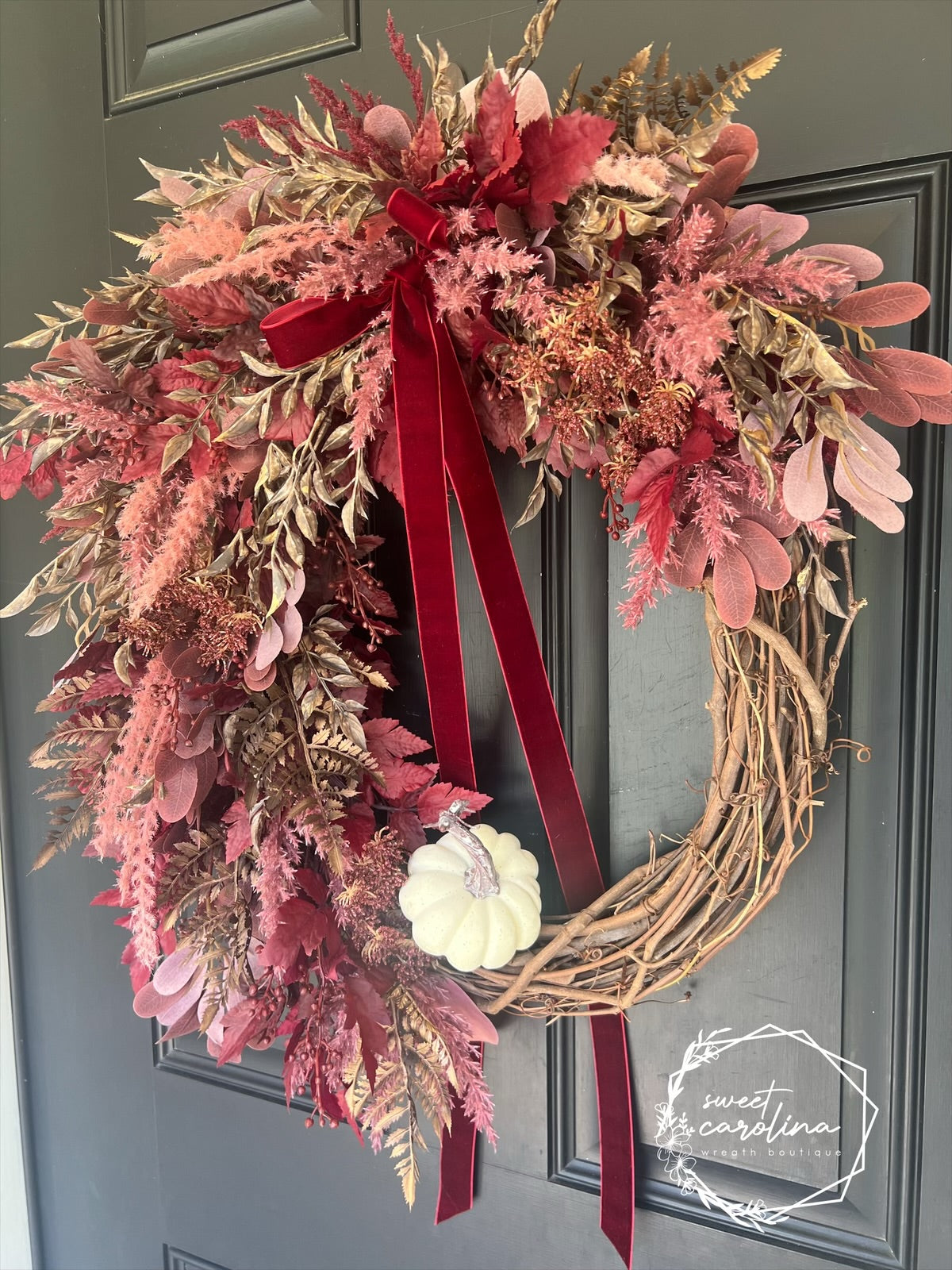 Romantic Red and Bronze Pampas and Plum Leaf Fall Wreath with Cream Pumpkin and Velvet Bow