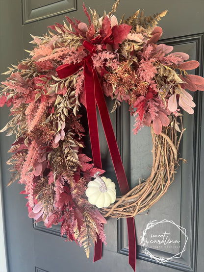 Romantic Red and Bronze Pampas and Plum Leaf Fall Wreath with Cream Pumpkin and Velvet Bow