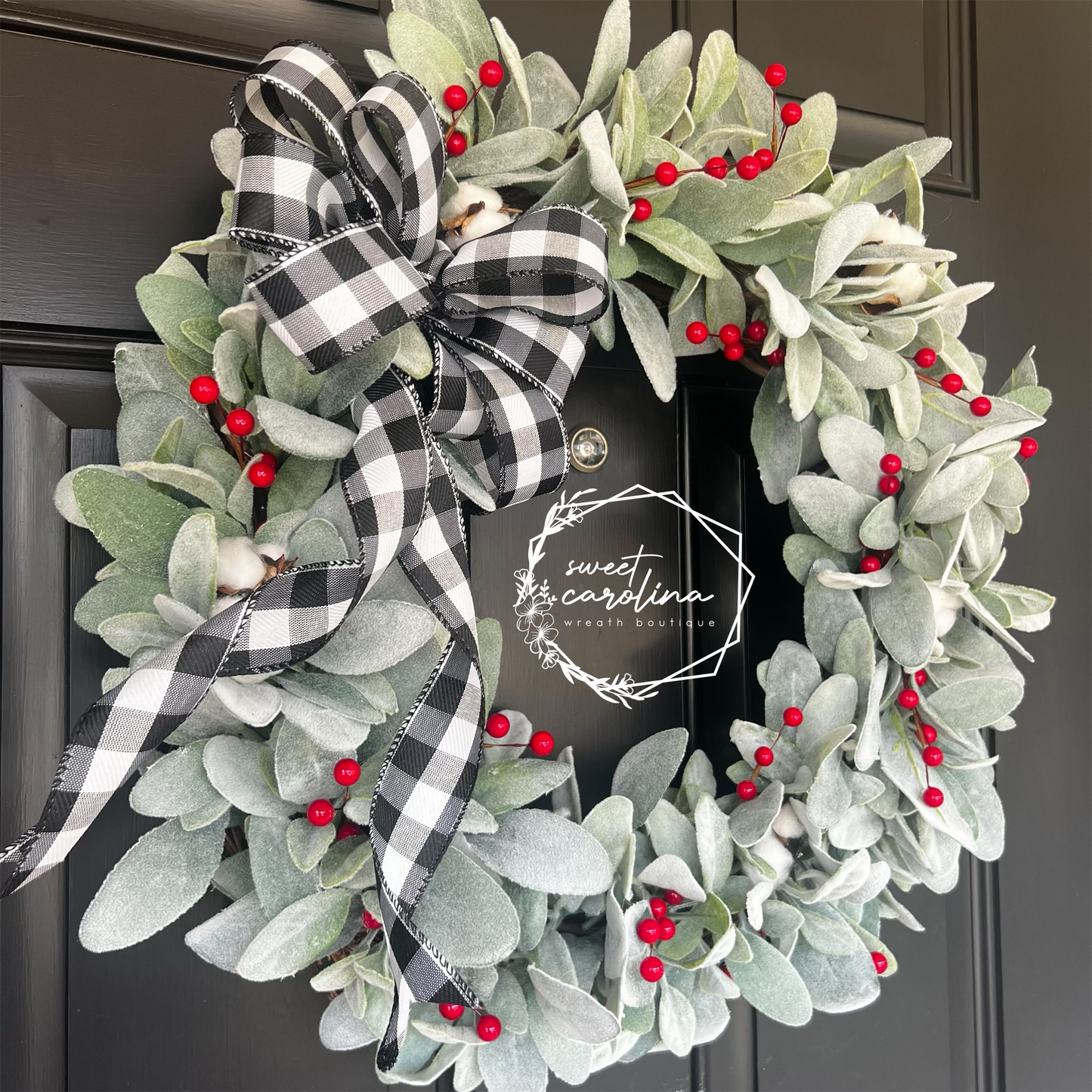 "Christmas Farmhouse" lamb’s ear, buffalo check, and red berries wreath