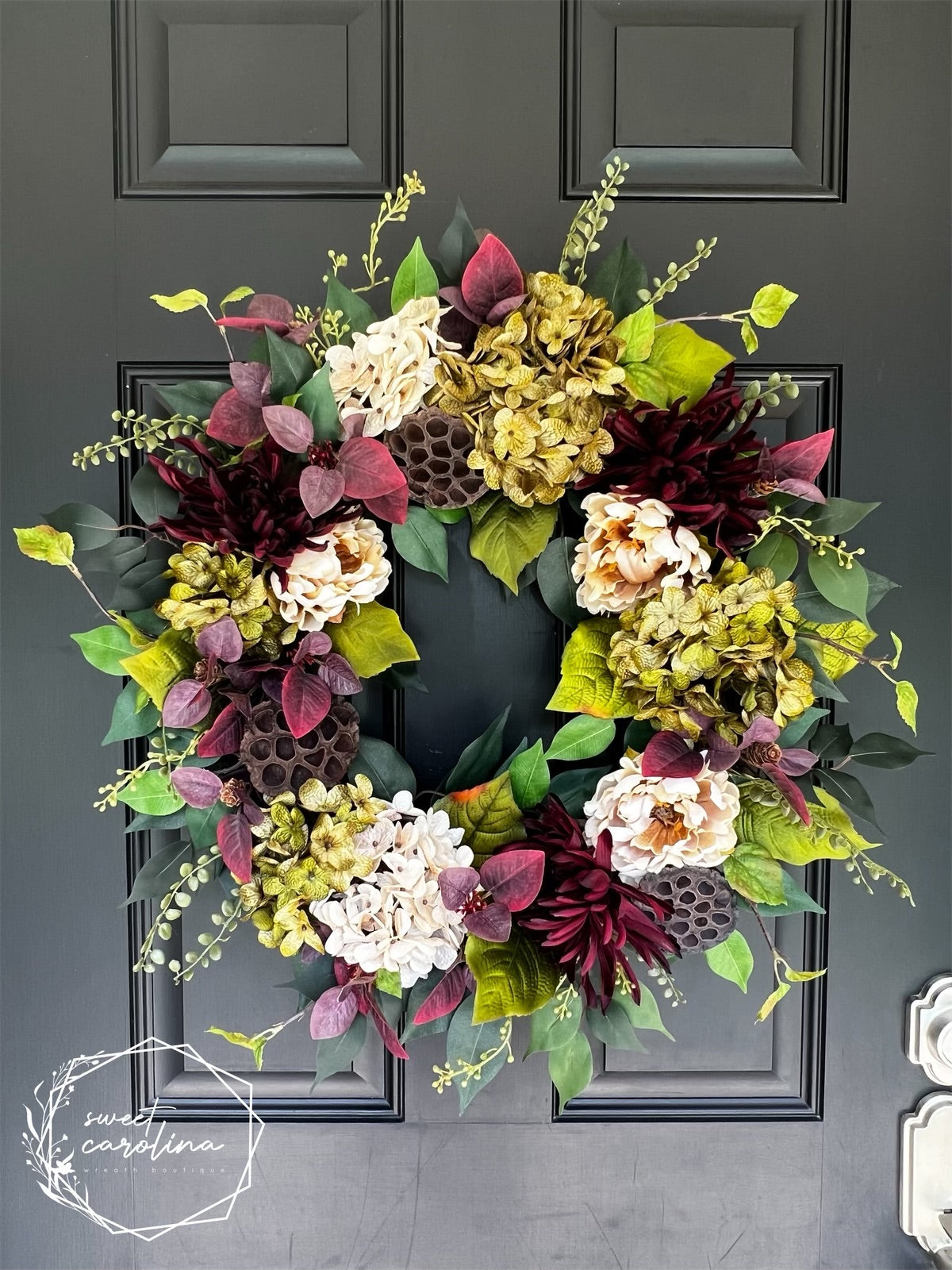 “Wine Country” Mum, Peony, and Hydrangea Wreath