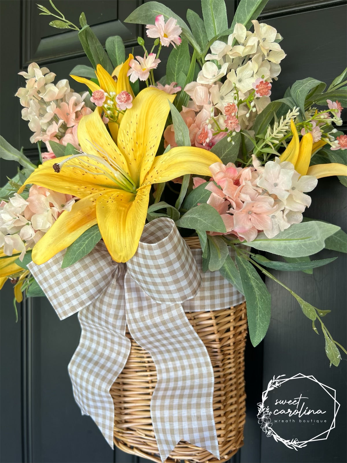 Lily and Cone Hydrangea Basket with Olive Leaves