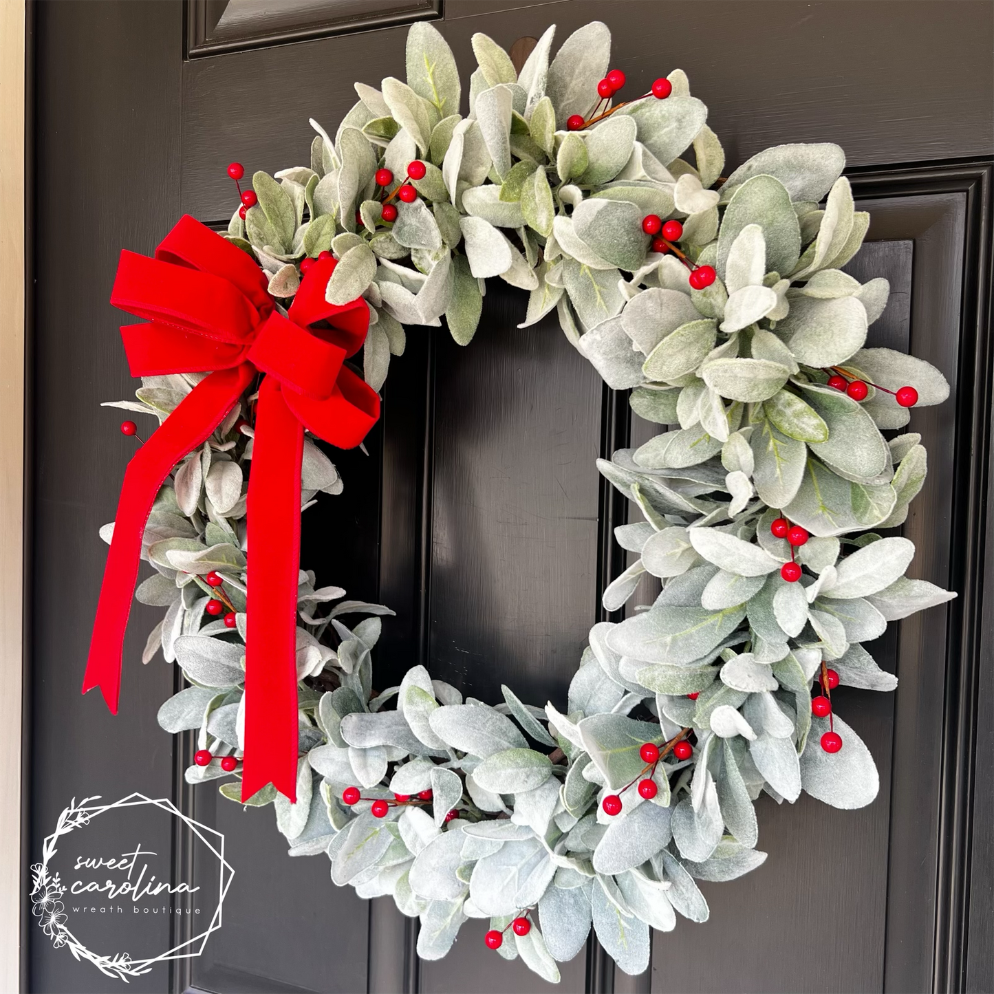 Christmas Cheer- lamb’s ear, red berries, bright velvet bow