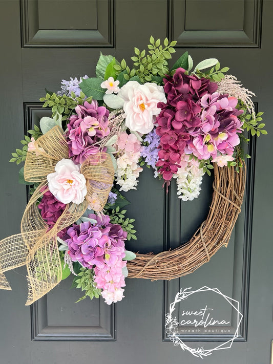 Romantic Purple and Pink Hydrangea, Wisteria, and Lilac Wreath with natural bow