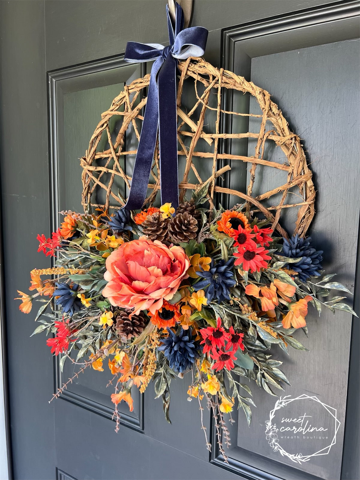 Navy Mums and Orange Peony Wreath with Velvet Bow