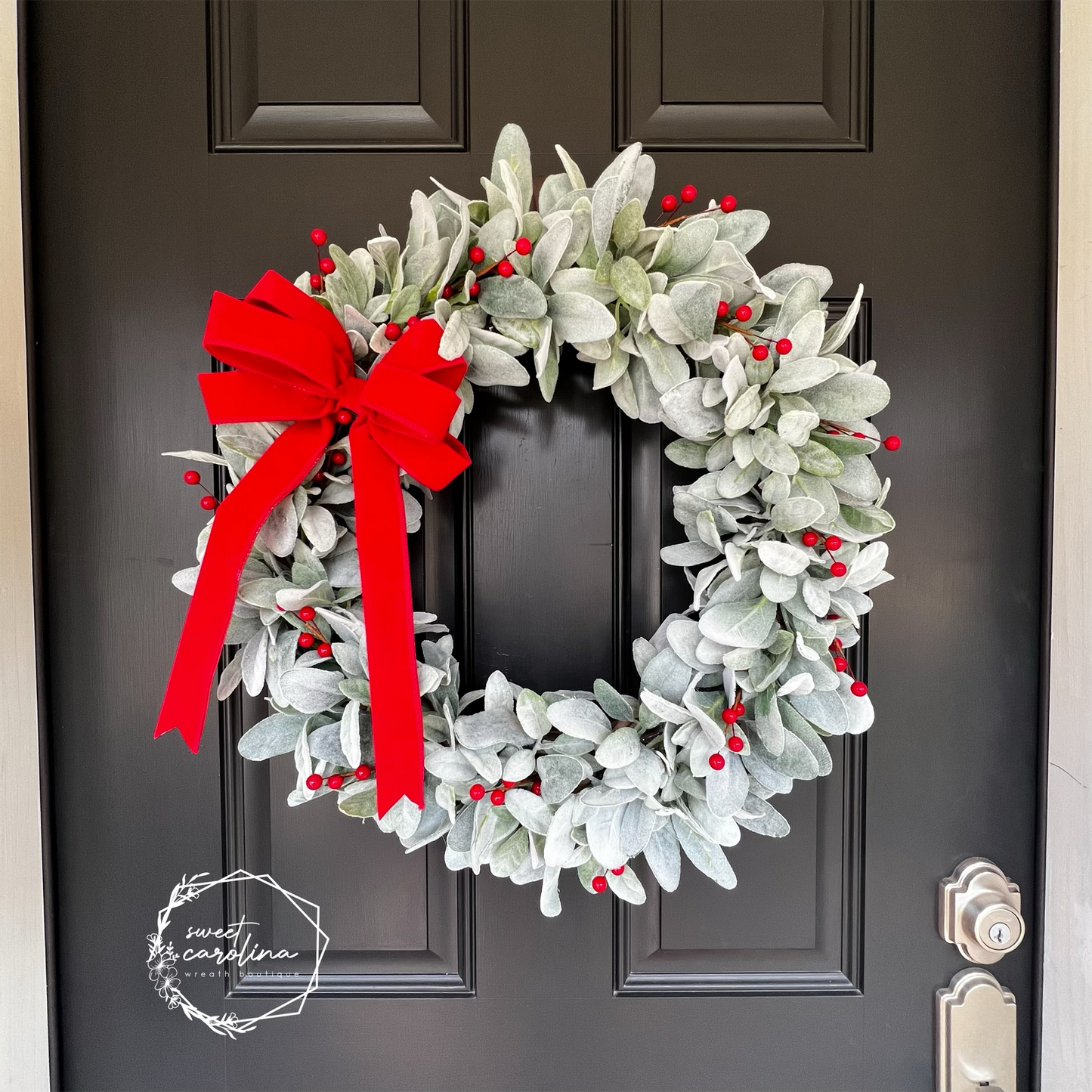 Christmas Cheer- lamb’s ear, red berries, bright velvet bow