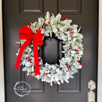 Christmas Cheer- lamb’s ear, red berries, bright velvet bow