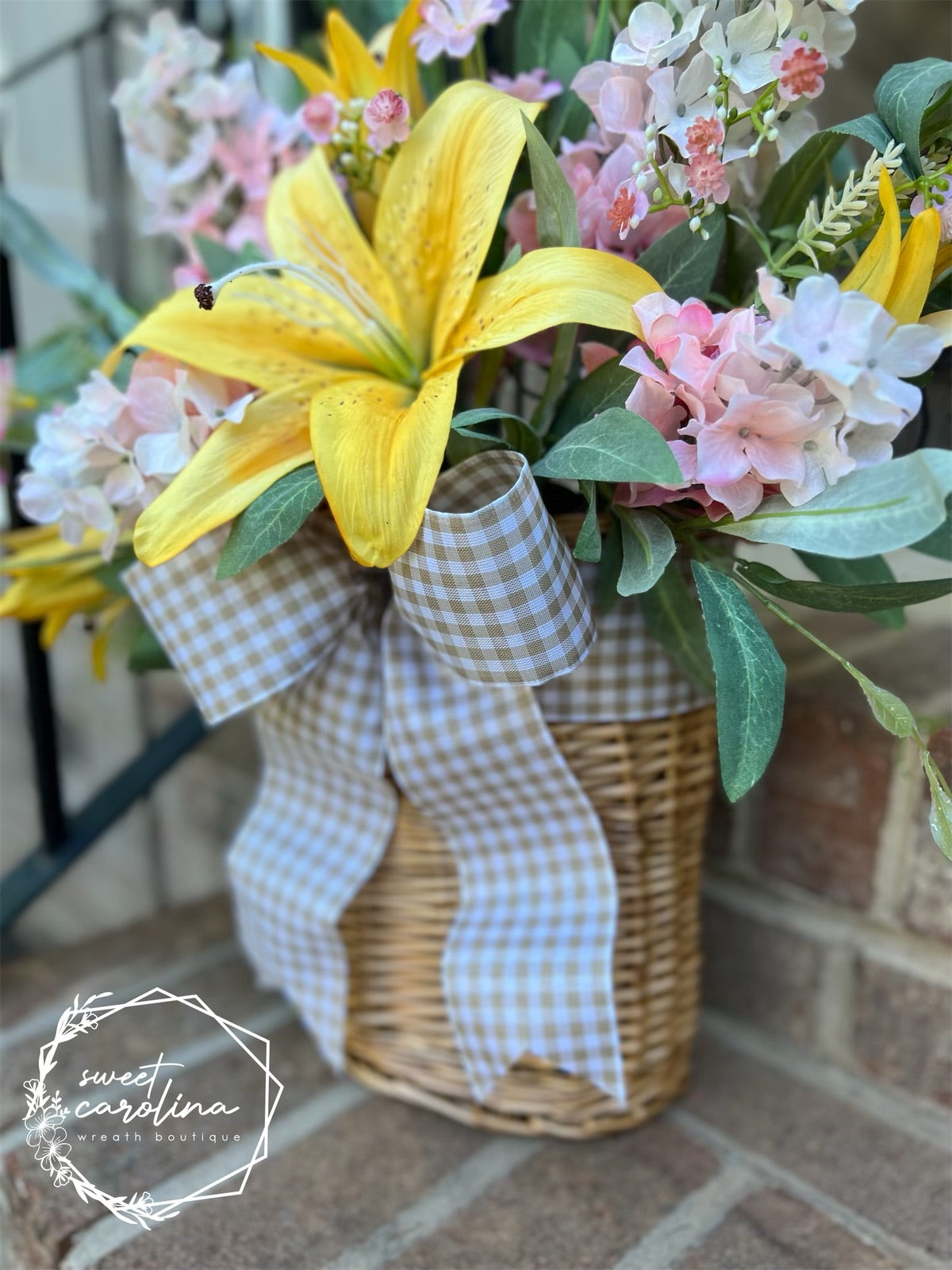 Lily and Cone Hydrangea Basket with Olive Leaves