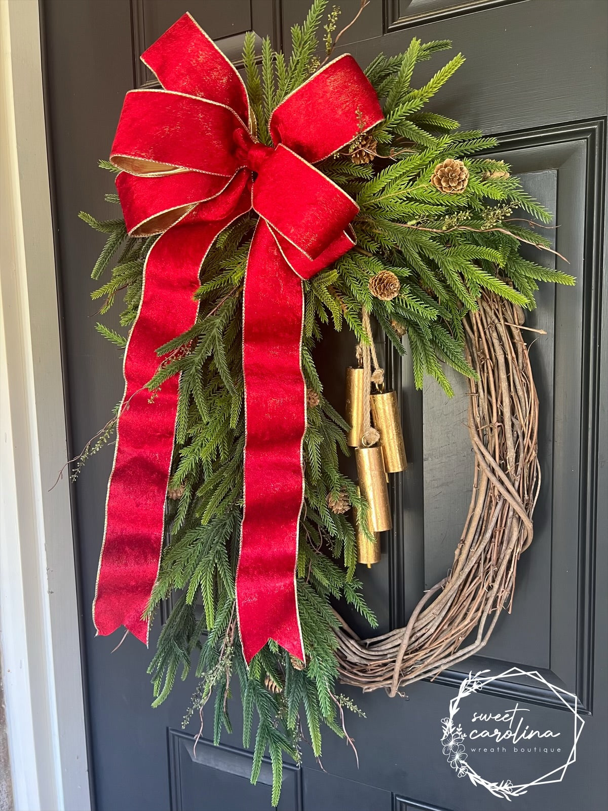 Faux Pine Wreath with Holiday Bow and Gold Bells