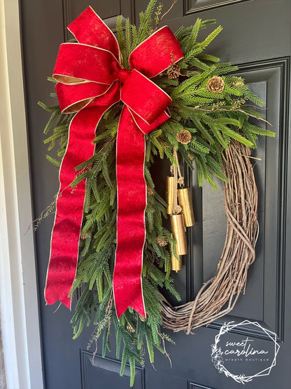 Faux Pine Wreath with Holiday Bow and Gold Bells