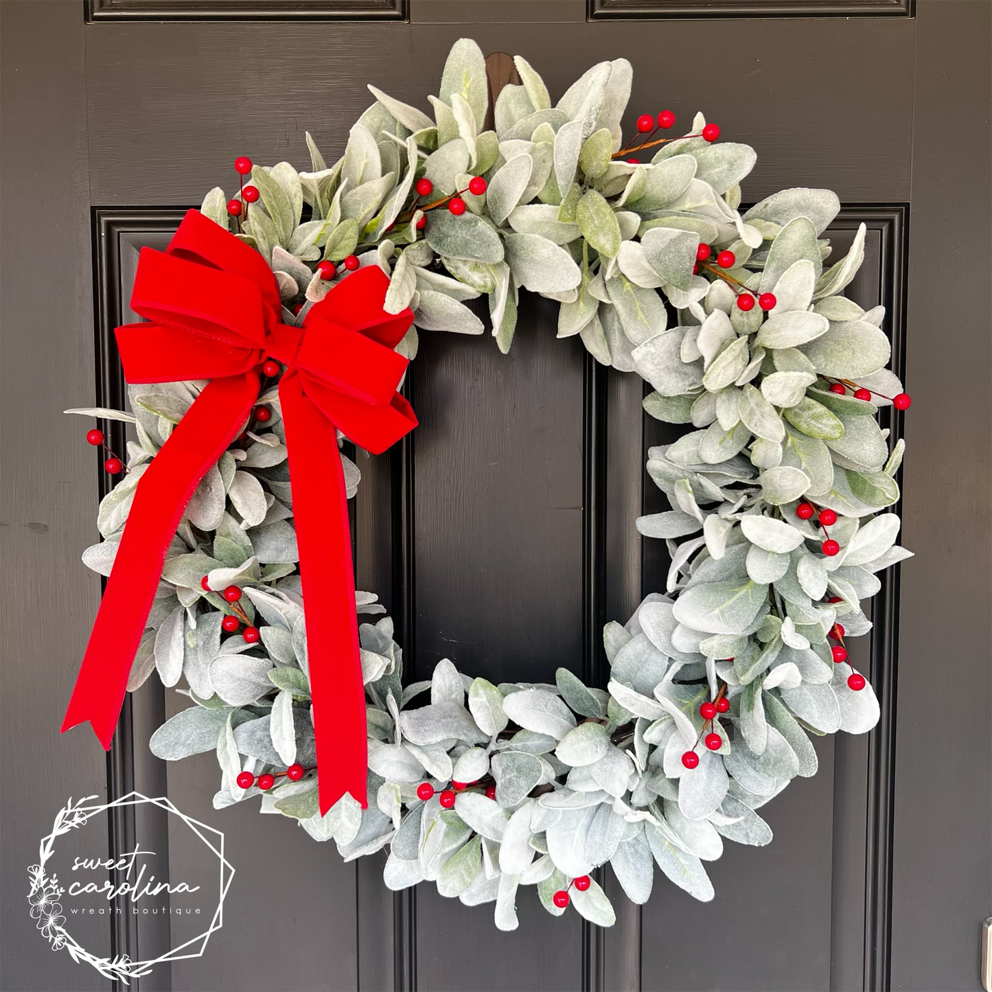 Christmas Cheer- lamb’s ear, red berries, bright velvet bow