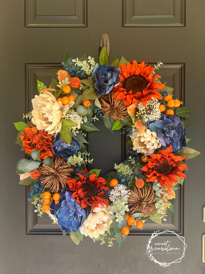 “Queen Autumn” Sunflower, Peony, and Pumpkin Wreath