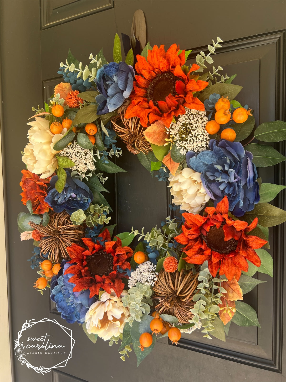 “Queen Autumn” Sunflower, Peony, and Pumpkin Wreath