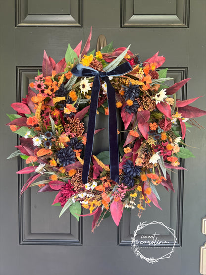 Jewel Tone Fall Foliage Wreath with Navy Velvet Bow