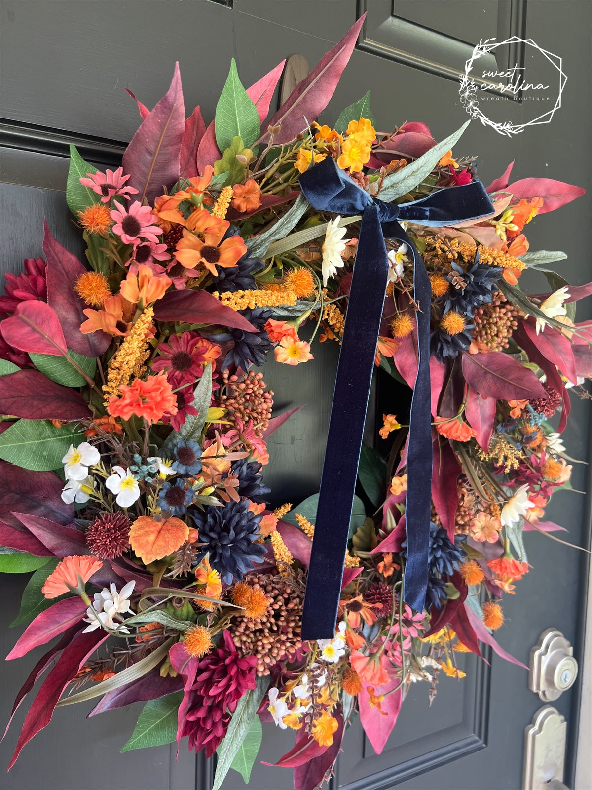 Jewel Tone Fall Foliage Wreath with Navy Velvet Bow