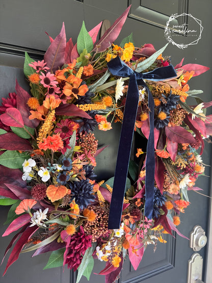 Jewel Tone Fall Foliage Wreath with Navy Velvet Bow