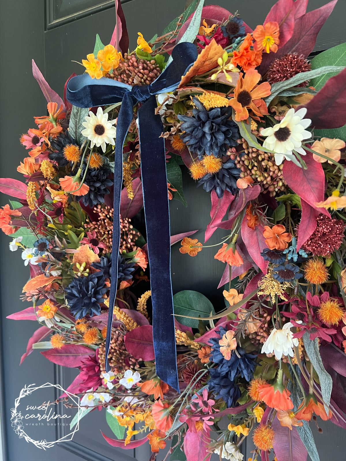 Jewel Tone Fall Foliage Wreath with Navy Velvet Bow