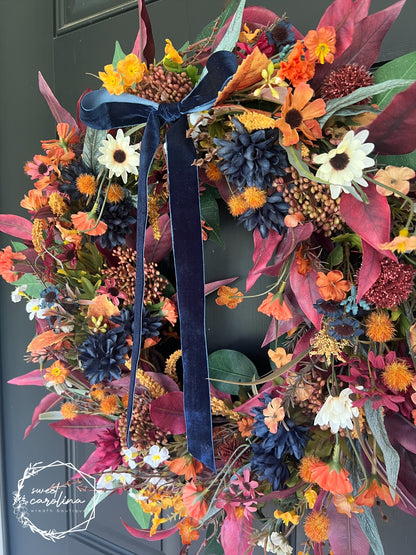 Jewel Tone Fall Foliage Wreath with Navy Velvet Bow