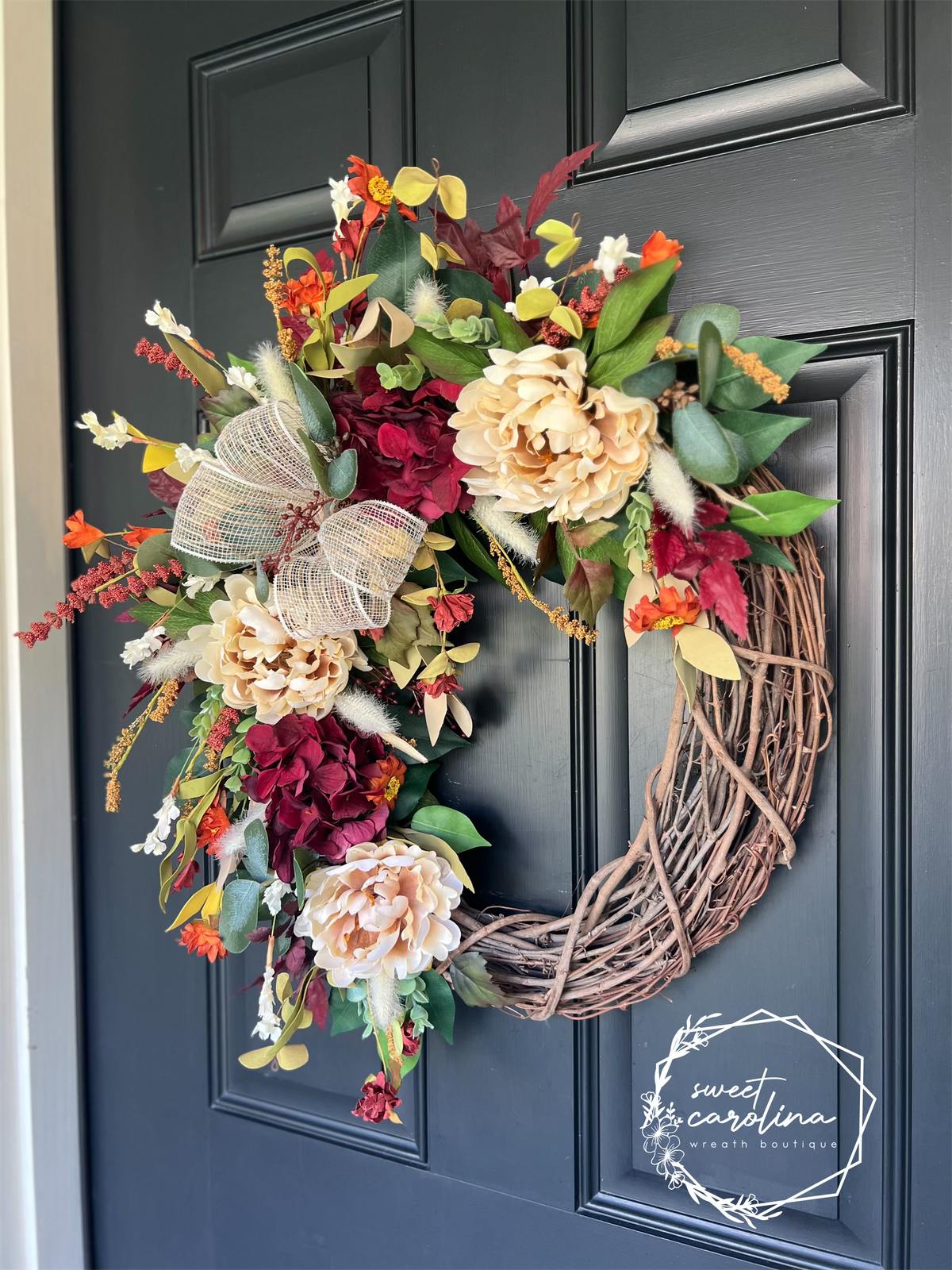 Maroon and Cream Hydrangea Peony Fall Wreath