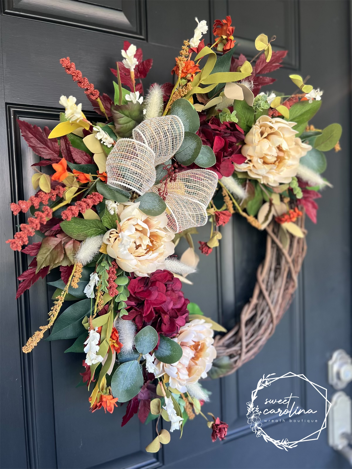 Maroon and Cream Hydrangea Peony Fall Wreath