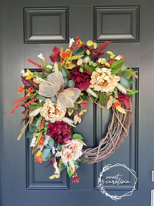 Maroon and Cream Hydrangea Peony Fall Wreath