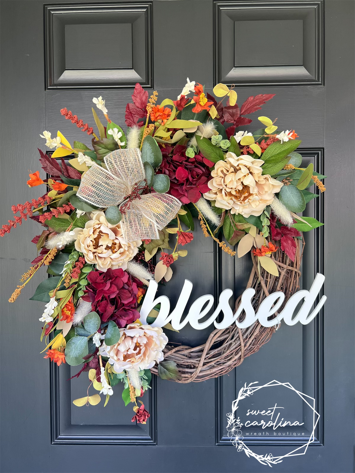 Maroon and Cream Hydrangea Peony Fall Wreath