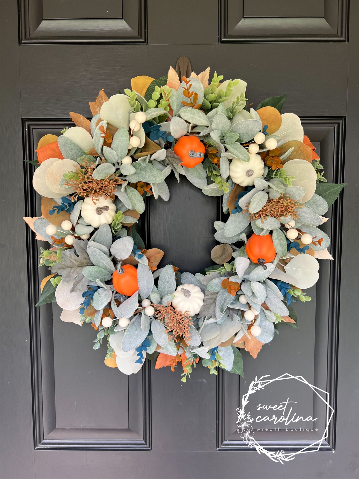 “Harvest Moon” Pumpkin, Eucalyptus, Fall Leaf, and Berries Fall Wreath